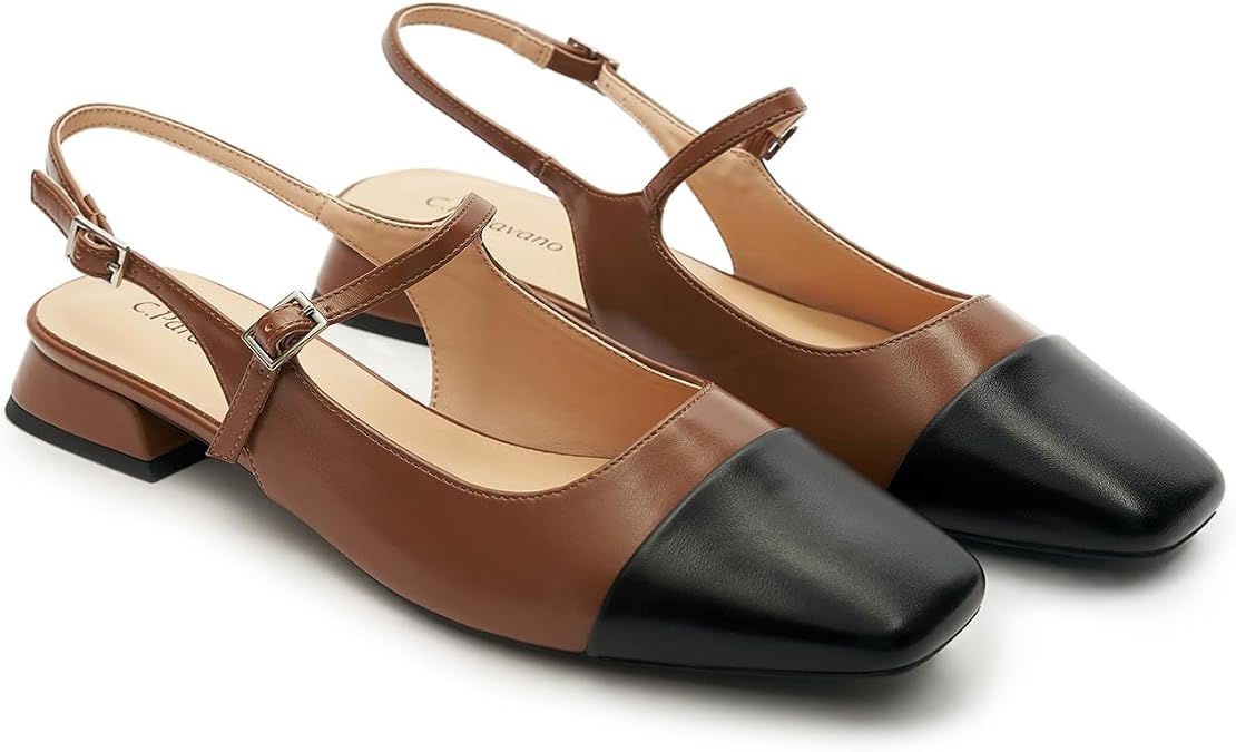 C.Paravano Women's Square Toe Slingback Block Heel Sandals