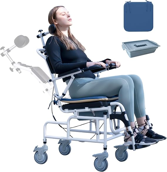 Shower Chair Reclining Wheelchair, Bedside Commode for Seniors, Medical Shower Chair Toilet Chair 300 lb Capacity, Adjustable Transport Wheelchair with Soft Seat Cushion Black