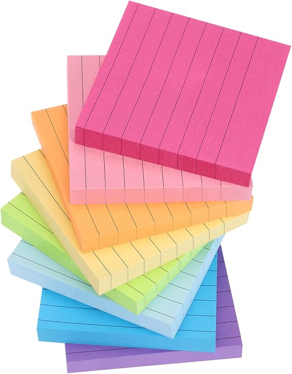 EOOUT 8 Pads Lined Sticky Notes, 3x3 Inches Super Adhesive Memo Pads, 100 Sheets/pad, Rainbow Sticky Notes, Easy to Post Notes for Study, Works, and Daily Life