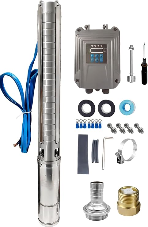 Solar Water Pump, DC 110V 2HP Submersible Deep Well Pump, 4 inch Stainless Steel Deep Well Pump with MPPT Controller for Industrial Irrigation Household Water Tank Water Supply (Stainless Steel)
