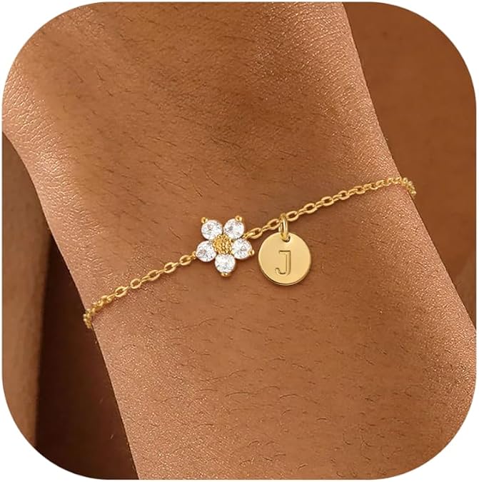 KAERUN Initial Birthstone Gold Bracelets for Women Dainty Flowers Bracelets