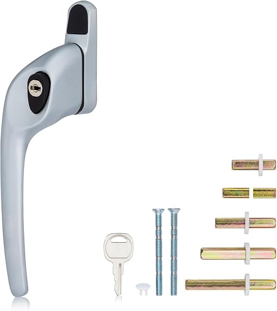 XFORT Cranked Locking Window Handle Installation Kit in Satin Chrome, Left Hand UPVC Window Handle Replacement, Offset Lockable Window Lever