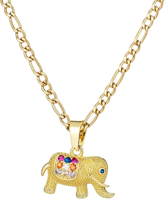 Gold Elephant Pendant Necklace for Women Men Dainty 14K Gold Plated Zircon Inlay Pendant Figaro Chain Necklace Minimalist Jewelry