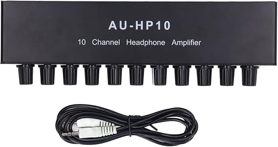 10 Channel Headphone Amplifier, Stereo Audio Amplifier, 1 Input 10 Output with Independent Volume Control, Multi Channel Audio Splitter for Studio, Stage, and Conference Recording,