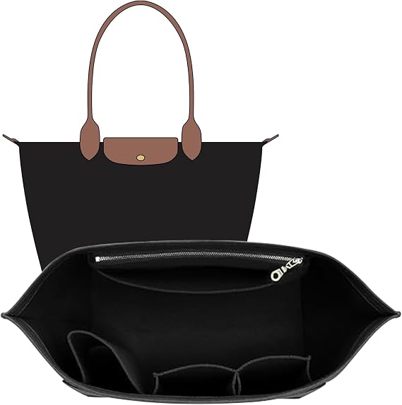 Longchamp Çanta Düzenleyici Ekleme Le Pliage Büyük Bez Çantalarla Uyumlu, Keçe Fermuarlı Çanta Düzenleyici Ekleme, Bardak Tutuculu, 8 Bölmeli (Siyah, L)