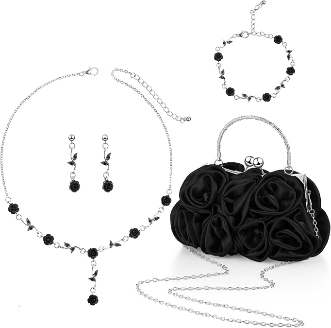 Hicarer 5 Pcs Women Rose Clutch Purse Rose Jewelry Accessories Set
