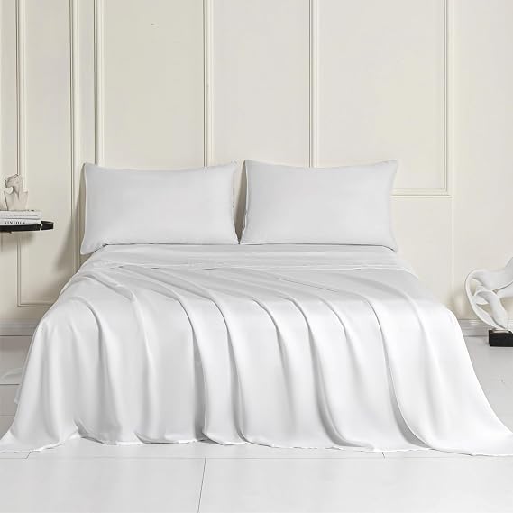 Sophia & William Queen 100% Tencel Lyocell Sheet Set, 4 Piece | Cooling, Derived from Eucalyptus, 2 Pillowcases, 1 Deep Pocket Fitted Sheet, White