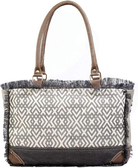 Myra Bag X Print Fringed Geometric Purse for Women - Upcycled Canvas Hand Bag with Buffalo Leather Detailing, Boho Handbags for Women, Black and White Tribal Pattern, Fun Ladies Bohemian Purse
