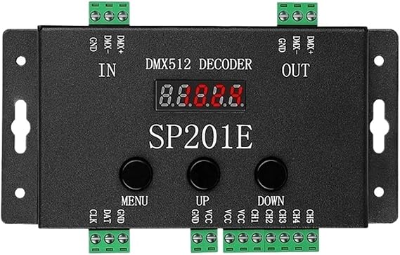 SP201E DMX512 decoder DC 5-24V DMX Converter Controller DMX512/1990 to SPI addressable LED 1024 Pixels or PWM 5CH dimming Signal