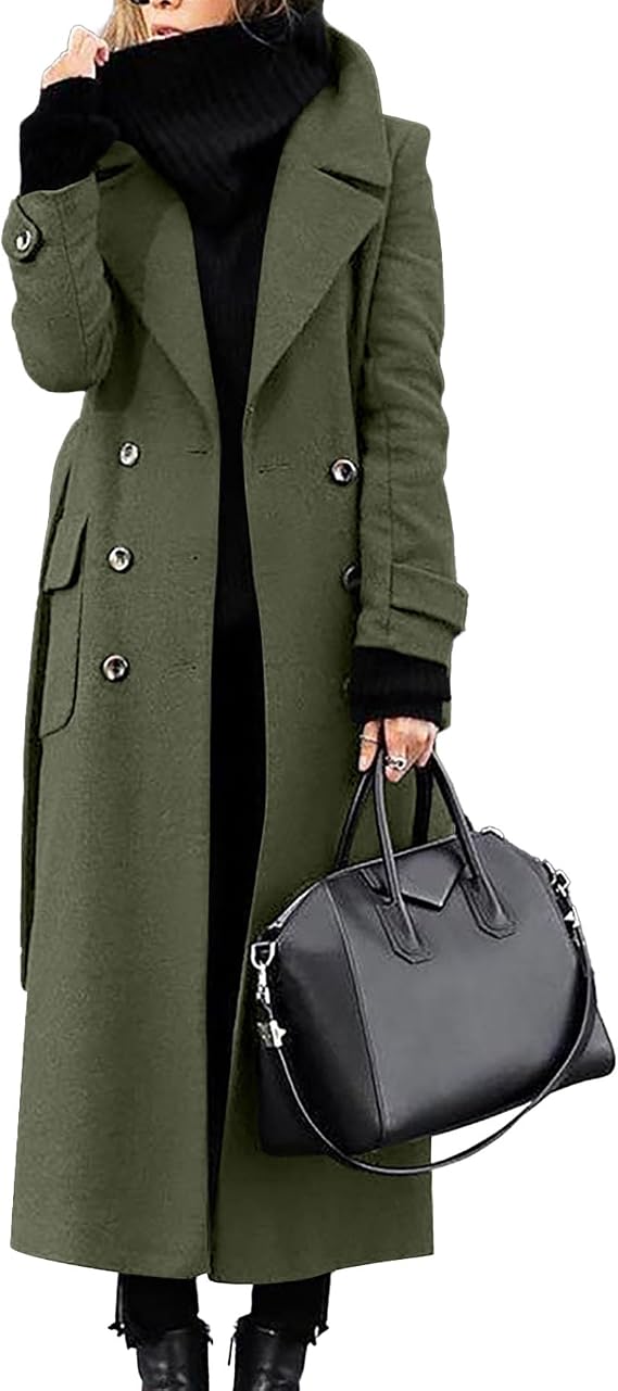 SEMATOMALA Women's Winter Double Breasted Wool Blend Maxi Coat Business Work Notched Long Pea Coat with Belt