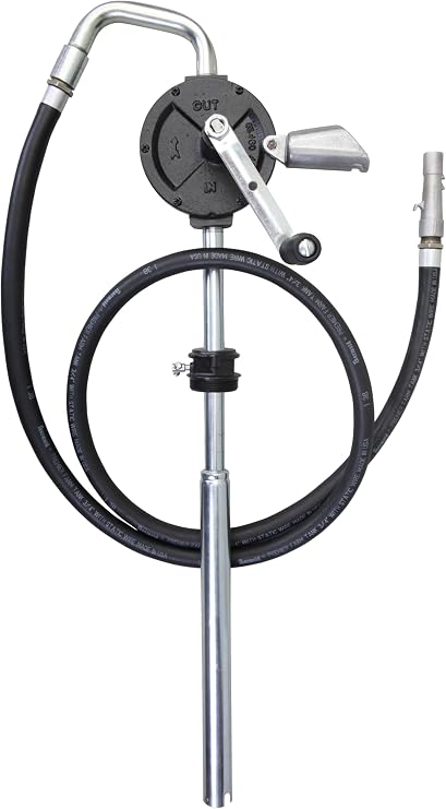 Groz 44081 Industrial Rotary Fuel Transfer Pump, 10 GPM Cast Iron Hand Pump with Anti-Static Hose & Non-Sparking Nozzle for Diesel, Gas, Oil Drums