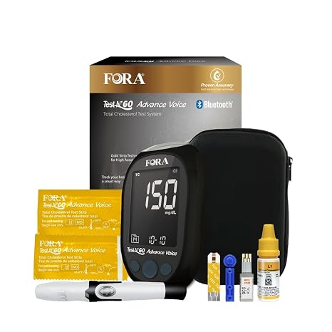 FORA Test NGO Advance Voice Cholesterol Kit 10 Total Cholesterol Strips + 10 Lancets | Bluetooth Meter (Optional App Sync) & Voice Guidance