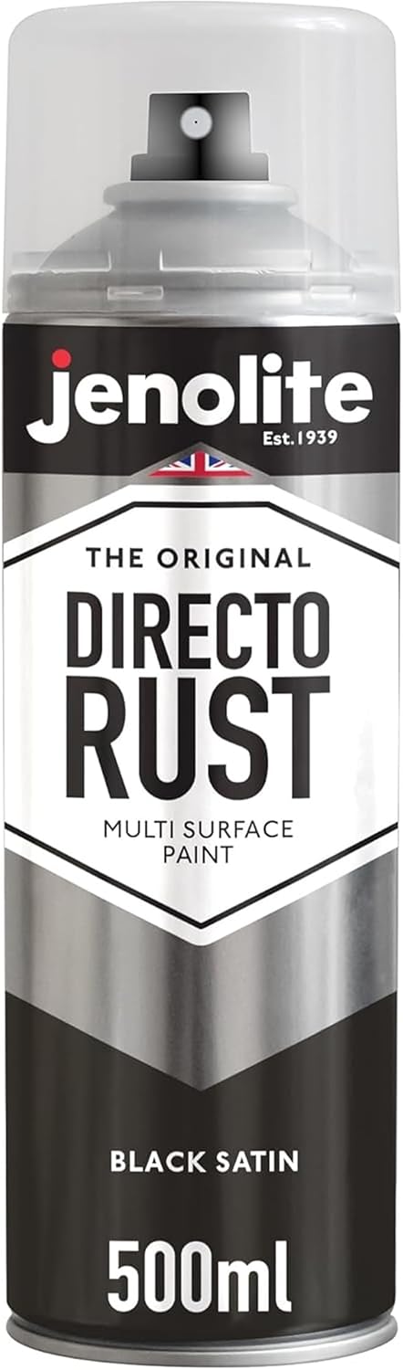 JENOLITE Directorust Spray Paint Satin Finish | BLACK | 500ml | Direct To Rust Spray Paint For Metal | All-In-One Multi Surface Paint for Metal, Wood, Plastic, Ceramic | RAL 9005