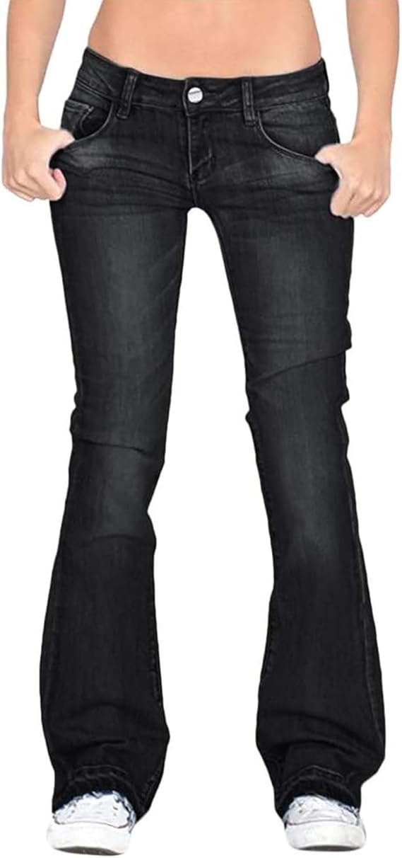 Women's Flare Vintage Classic Outdoor Jeans Stretch Slim Fit Solid Denim Pants Low Rise Comfort Jeans Trouser