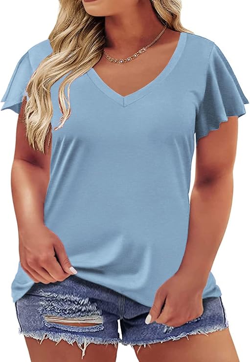 ROSRISS Womens Plus-Size Tops Summer Ruffle Short Sleeve Shirts Casual V Neck Tunics