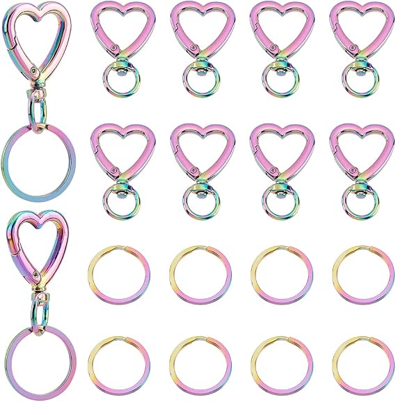 PandaHall Pack of 20 Rainbow Twist Clasps Set of 10 Heart-Shaped Alloy Carabiner Hooks for Lanyard Key Ring with Round Split Key Rings Made of Stainless Steel for Lanyard