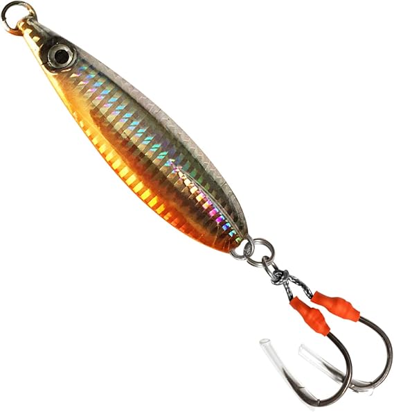 250g Fish WOW! Fishing Flat Fall Vertical Trolling Jig with Two Assist Hooks - Sand EEL Orange