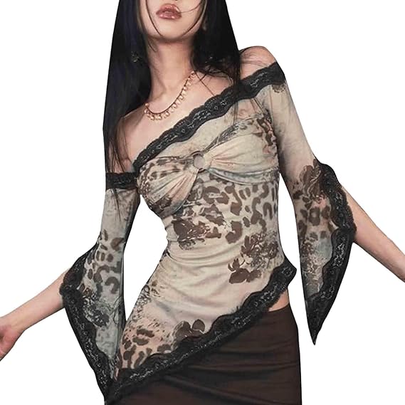 Women's Retro Irregular Leopard Print T-Shirt with lace and lace Design one Shoulder Loop top