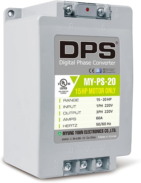 DPS 20HP MY-PS-20 Used for 15HP(11kW) 45A Motor, Single to 3 Phase Converter, 1 DPS Must Be Used for 1 Motor Only, Input/Output 200-240V, UL Listed