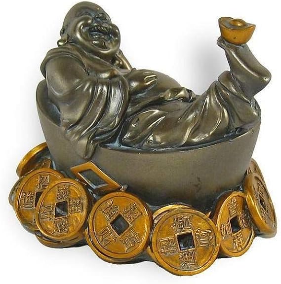 Lachineuse - Lucky Laughing Buddha Statue – Lying Buddha Statue 11 cm Gold and Bronze Colour – Feng Shui Decoration – Chinese Zen Decorative Object for Indoor – Chinese Lucky Charm Gift Idea