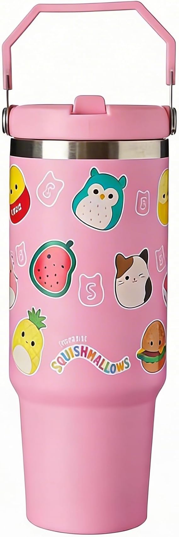 Squishmallows 30oz 900 ML Pink Travel Mug Coffee Cup Tumbler with Leakproof Straw & Lid | Stainless Steel Double Wall Vacuum Insulated Water Bottle for Office, Car | Cold for 17Hrs & Hot for 5Hrs