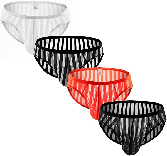 Swbreety Men's Striped Bikini Briefs Bulge Pouch Underwear Low Waist Mesh Triangle Briefs