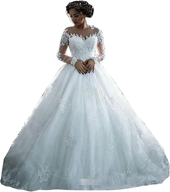 Fanciest Women's Lace Wedding Dresses Long Sleeve Wedding Dress Ball Bridal Gowns White