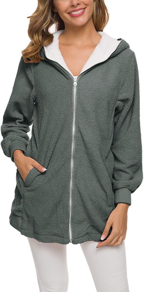 Women's Long Zipper Hoodies Autumn Winter Lamb Wool Coat Outwear Solid Color Hooded Fleece Jacket Fluffy Cardigan Long Sleeve Zipper Jacket Tunic Warm Loose Sweatshirt Pullover Tops