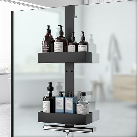 Shower Caddy Hanging - 2-Tier Over Door Shower Shelf, Bathroom Storage No Drilling Hanging Shower Organiser Black