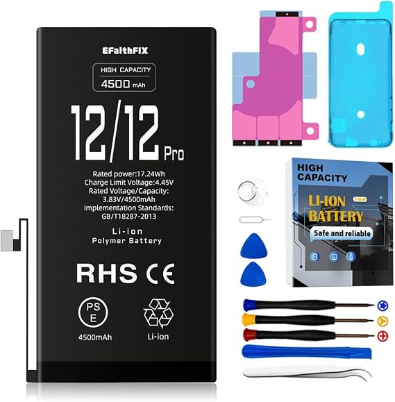 EFAITHFIX 4500mAh Upgraded Replacement Battery Compatible with iPhone 12/12 PRO, High Capacity New 0 Cycle A+ Battery Replacement for iPhone Model A2172 A2402 A2403 A2404 with Complete Repair Tool Kit