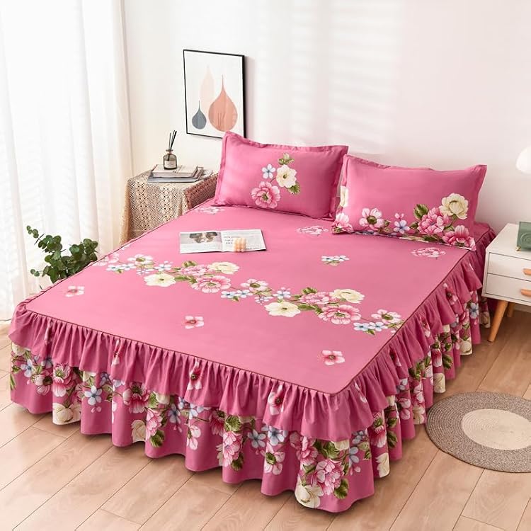 3 Pieces Floral Brushed Microfiber Bed Skirt Set Queen Size Ruffled Bedspread Sheet and Pillow Shams Set, Hot Pink