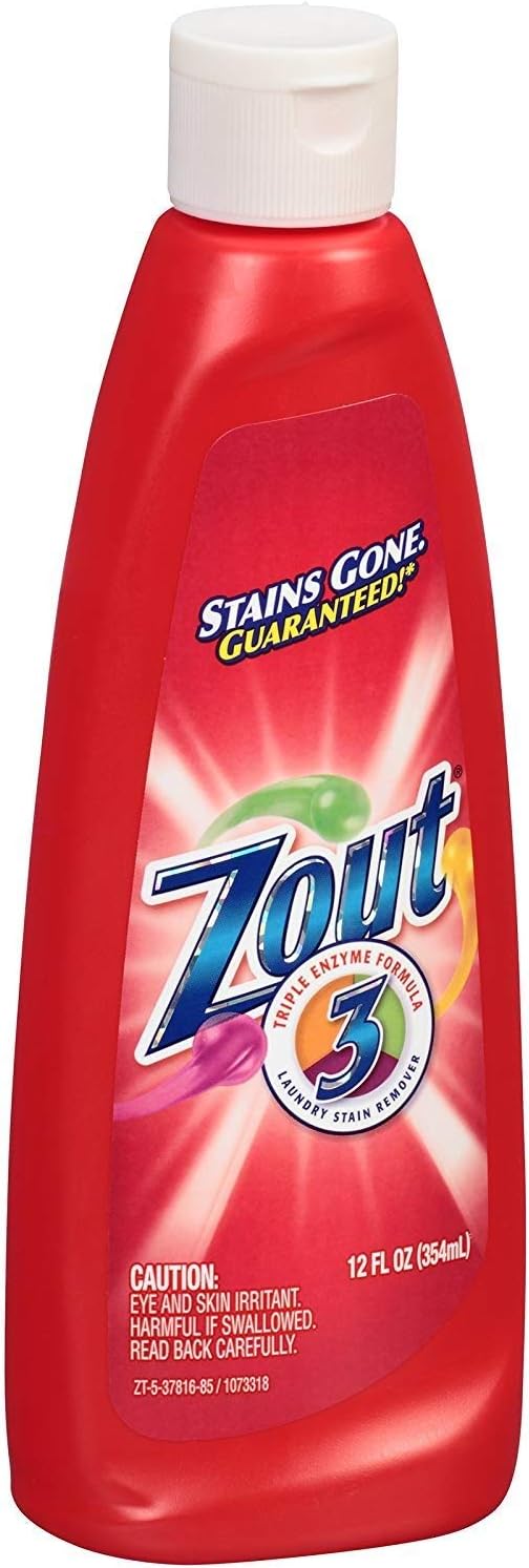 Zout Laundry Stain Remover, Triple Enzyme Formula for Blood, Tomato Sauce, Oil Stains, Made in USA, 12 Ounce Squeeze Bottle with Flip Top Cap (Pack of 3)