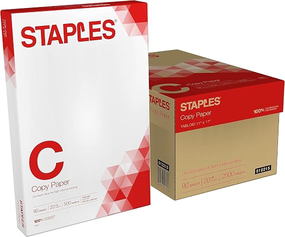 Staples Copy Paper, 11x17 Inch Ledger Size, 92 Brightness, 20 lb., 500/Ream