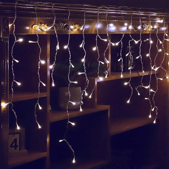 96 LED Icicle Lights for Outside,Cool White 11.4 FT Long | 16 Drops Connectable,8 Modes,Short Hanging Window String Lights for Bedroom, Dorm, Party, Wedding, Backdrop, Christmas Decor