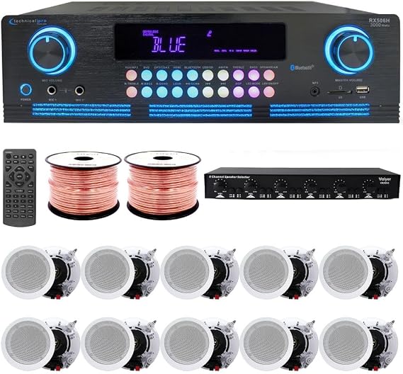Home Audio System Kit - 2000 W Bluetooth Amplifier w/ 10 Qty of 5.25" Framed Ceiling Speakers 175 W Each, 6-Ch Speaker Selector w/Volume Control, 500 ft Speaker Wire & Remote - Vaiyer