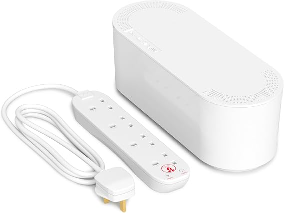 D-Line Cable Tidy Box with 4 socket 2m Extension Lead 13amp Surge Protected, Cable Management Solution, TV Wire Tidy, Desk Cable Organiser - Small, White