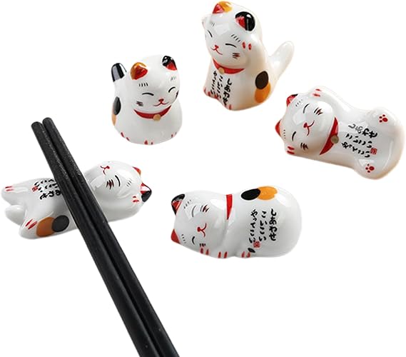 Cute Cat Chopstick Rest Set, Japanese Style Reusable Ceramic Holder, Dinner Tableware Stand for Sushi Noodle, Gift Set