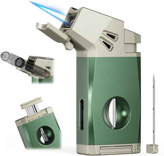 4-in-1 Torch Lighter with Holder, Cutter, Draw Enhancer Tool, Adjustable Windproof Jet Flame, Butane Refillable Torch Lighter, Multifunctional Lighter Accessories, Travel Lighter Gifts for Men