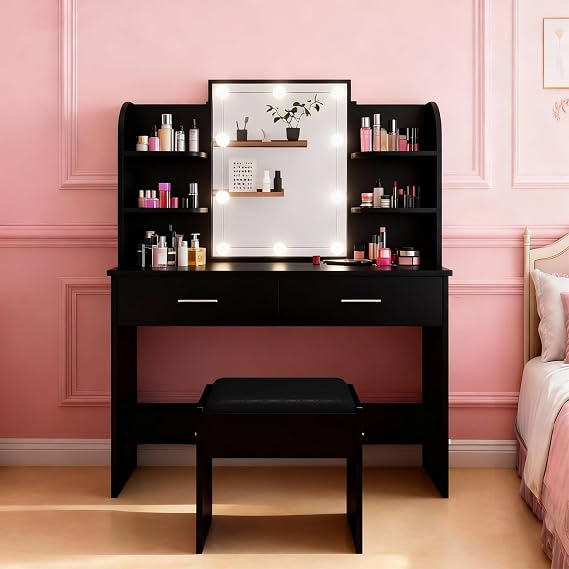 Dressing Table with Mirror and Stool, Adjustable Brightness Makeup Desk with Mirror and Drawers, Vanity Desk with LED Lights Jewellery Storage 3 Color Light Bedroom Living Room, Black