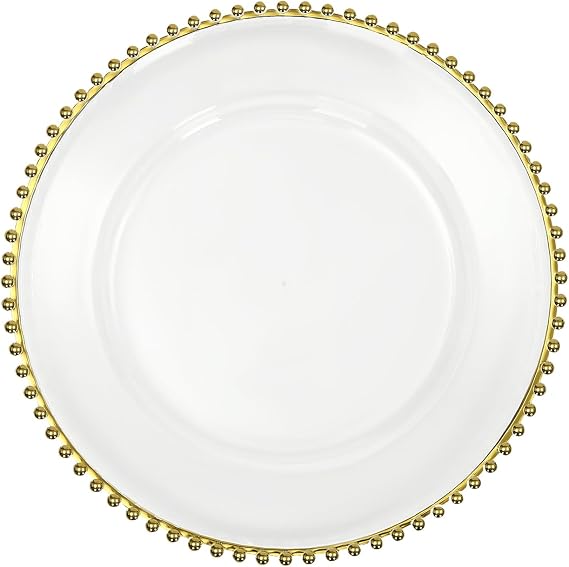 25 PCS Gold and Clear Charger Plates with Beaded Rim, Gold Plastic Round Dinner Plate Chargers, Dinner Table Decorative Plates for Home Wedding Kitchen Birthday Bridal Shower