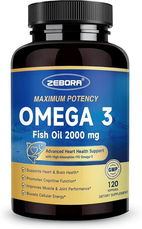 ZEBORA Omega 3 Fish Oil 2000mg - rTG Form, 120 Softgels, Non-GMO | EPA & DHA Supplement, With CoQ10 & Taurine, Easy to Absorb, Support Heart, Brain, Immune Health, Non GMO