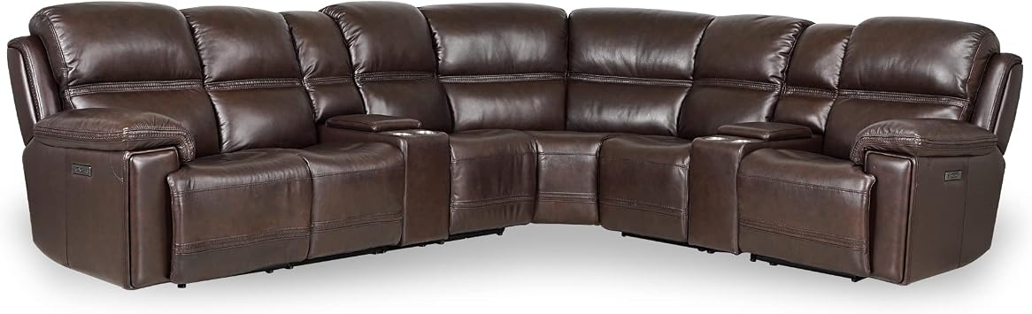 Top Grain Leather Modular Power Sectional Sofa | Adjustable Headrest | Cross Stitching | Sectional 4