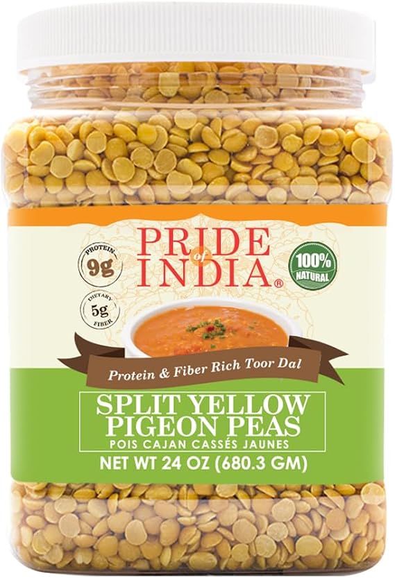 Pride Of India - Indian Split Yellow Pigeon Peas - Protein & Fiber Rich Toor (Arahar) Dal, 1.5 Pound Jar