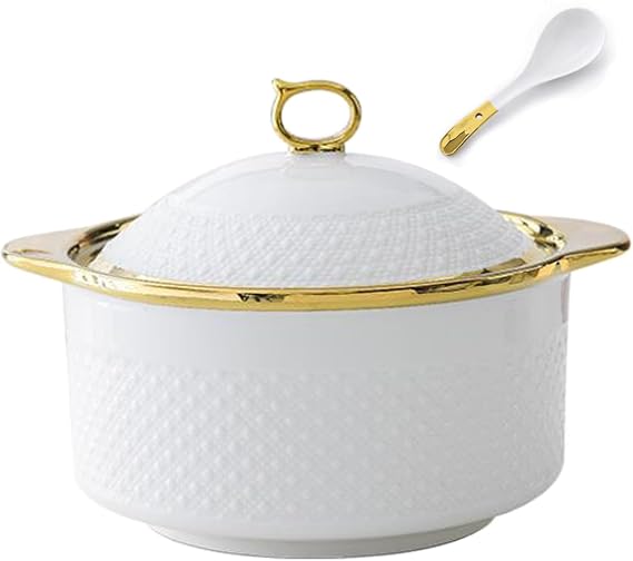Large Gold Trim Ceramic Soup Tureen,Serving Soup Bowls with Glass Lid and Ladle Set, Porcelain Soup Bowls for Home Kitchen Restaurant Decoration,A