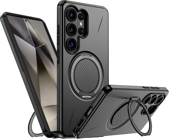 Rongep [Mag-Forge] Samsung Galaxy S24 Ultra için Kılıf 360° Dönebilen Standlı [MagSafe ile Uyumlu] S24 Ultra Koruyucu Güçlü Manyetikli PC+TPU Darbelere Dayanıklı Samsung S24 Ultra Kılıf (Siyah)