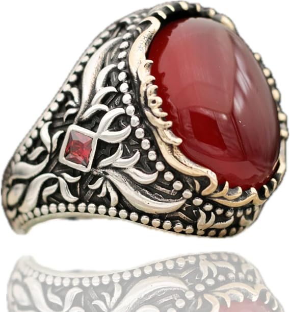 Aqeeq Ring Men, Red Stone Ring For Men, Silver Ring With Stone For Men, 925 Silver Ring For Men, Turkish Silver Ring, Agate Aqeeq Men Ring