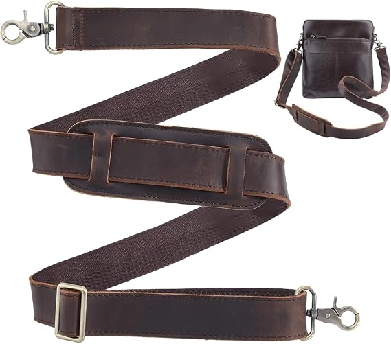 GORGECRAFT 1.5Ms Adjustable Bag Shoulder Strap Brown Full Grain Leather Independent Replacement Buckle Padded Long Duffel Bag Straps with Double Metal Hook for Briefcase Messenger Shoulder Bags