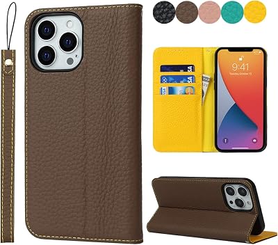 Wallet Case for iPhone 13 Pro Max, Luxury Litchi Grain Genuine Leather Cases Cover with Card Holder Wrist Strap Folio Flip Phone Case Kickstand Brown