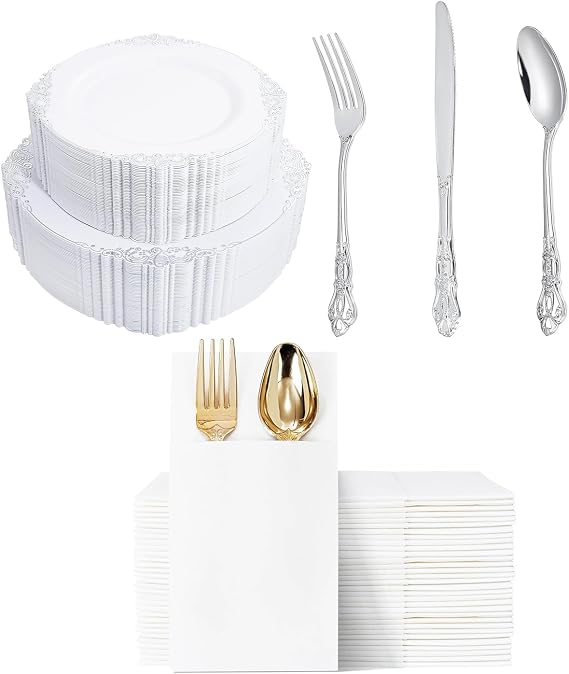 302PCS Silver Plastic Silverware Sets Include 102PCS White Silver Plastic Plates & 150 Pieces Silver Plastic Silverware & 50PCS White Paper Napkins