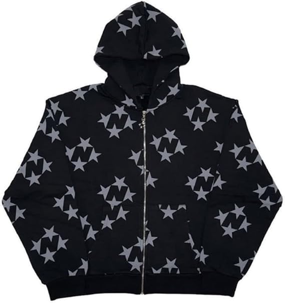 Women's Grunge Sweater Star Print Hooded Zipper Loose Y2k Unisex Streetwear Jacket
